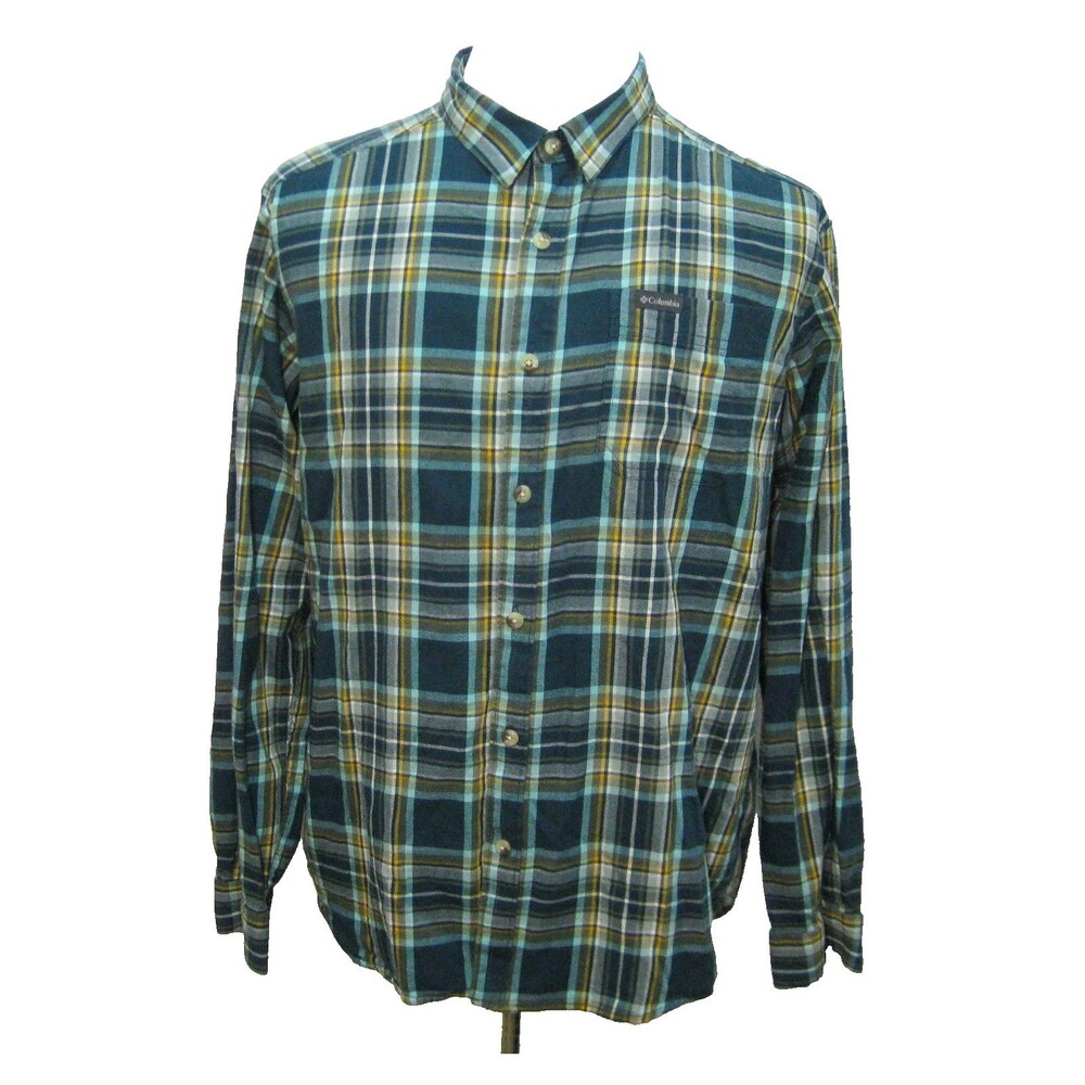 Columbia Flannel Shirt Mens Large Blue Green Plaid Long Sleeve Button Front Top